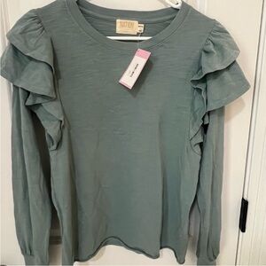 Nation LTD Sage Green Ruffle Shoulder Long Sleeve Tee